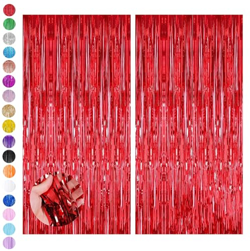 Red Tinsel Curtain Party Backdrop,2pcs 3.2ft x 6.5ft Foil Curtain Christmas Decorations,Red Foil Fringe Streamers Metallic Tinsel Door Hanging Foil Flow Silk Streamers for Christmas Holiday Party