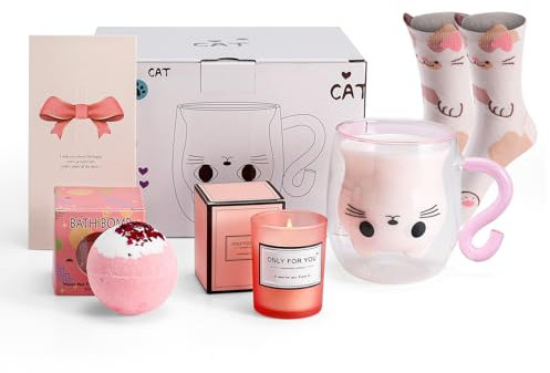 HUISHENG Cat Mug Gift Sets, Birthday Gifts for Women, Presents for her, Christmas Valentines Mothers Day Gifts for Wife Mum Grandma Girl Teacher Friend
