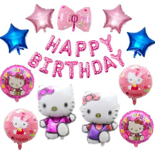 Kindergeburtstag Ballon Set, 12 PCS Cartoon Ballon Geburtstagsdeko, Katze Folienballon Geburtstag Kit, Katzen Happy Birthday Banner Ballons, Runden, Stern Folienballons, für Mädchen Geburtstagsfeier