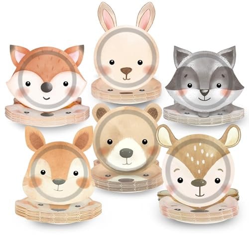 60 Count Woodland Party Paper Plates Animal Shaped Disposable Plates Woodland Creatures Plates Forest Birthday Party Decorations Plates for Birthday Baby Shower Woodland Animal Theme Party Favors