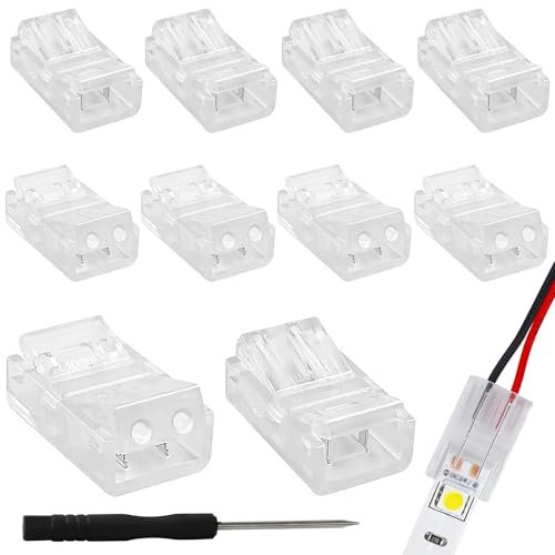 10 Stück LED Streifen Verbinder, LED Strip Verbinder 2 Polig LED Strip Connector, Lötfrei Streifenverbinder LED Verbinder für 10mm SMD 5050 RGB LED Streifen Stripes mit Schraubendreher