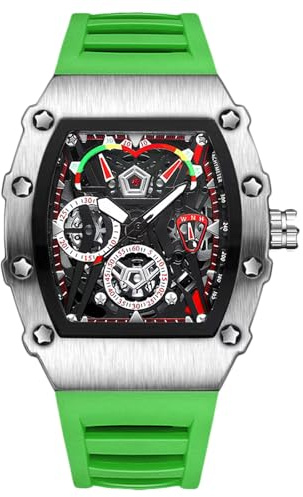rorios Tonneau Armbanduhren für Herren Mode Sport Edelstahl Uhr Mode Quarz Uhr Leuchtend Analog Herrenuhr Sport Edelstahl Uhren mit Silikon Armband Grün