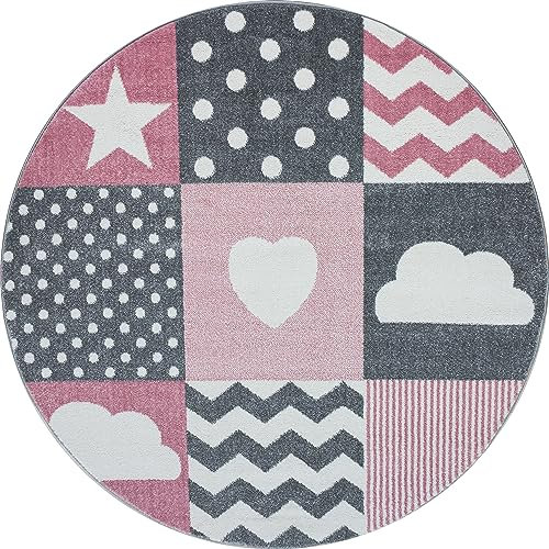 Stilvoll Günstig by ELMM Kinderteppich rund Teppich Kinderzimmer Spielzimmer Pink 120 x 120 Herz- und Stern Design Kurzflor