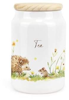 Purely Home Hedgehog & Mouse Ceramic Tea Storage Canister - Woodland Wildlife & Scenery Artwork Kitchen Food Storage Container & Wooden Lid 600ml (14.5cm x 9.5cm)