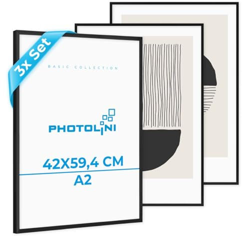 PHOTOLINI Bilderrahmen A2 Schwarz, 3er Set schmale Kunststoff A2 Bilderrahmen 42x59,4 mit bruchsicherem Acrylglas, Frames zum Aufhängen & Zubehör - 42x60 Dokumentenrahmen Urkunden Zertifikate & Fotos