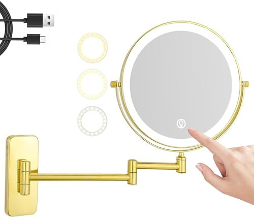 REWIS 8-Zoll-Schminkspiegel aus Messing zur Wandmontage mit zweiseitiger Vergrößerung, drehbar, wiederaufladbarer 3-Farbiger dimmbarer LED-Kosmetikspiegel, Rasierspiegel mit HD-Beleuchtung,Gold,3X