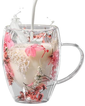 Tasses en verre à double paroi avec des fleurs - Tasse en verre à double paroi de 350 ml, tasses à café en verre à fleurs séchées, tasse de fleurs séchées avec Hanle, tasses en verre à double paroi