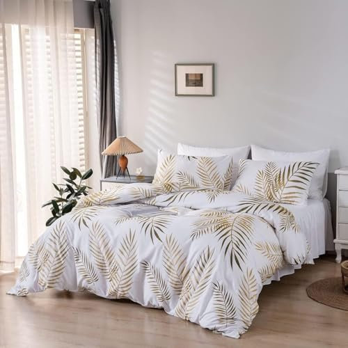 Luofanfei Housse de Couette 220x240 Feuilles Motif Blanc Or Palmier Tropicales Parure de Lit Microfibre 2 Personnes Parure Housse Couette avec Fermeture éclair avec 2 Taies d'oreiller 65x65cm