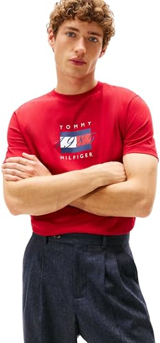 Tommy Hilfiger Men’s Short Sleeve Linear Flag Graphic Regular Fit T-Shirt, Red (Medium Red), M