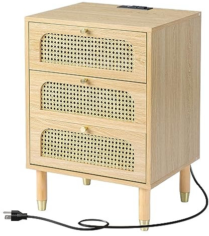 Bonnlo Table de Chevet en rotin, Table de Nuit avec 3 Tiroirs, Polyvalent, Commode Chambre avec Prises et Ports USB, pour Salon Chambre Bureau, 40 x 48 x 68 cm, Noir