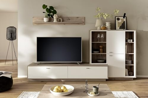 möbelando Wohnwand >SANTERNO< Moderne Eleganz und Funktionalität im 3-teiligen Set, Viking Eiche Dekor/Soft Weiss Melamin, Maße: B/H/T ca. 287/180/50 cm, Beleuchtung optional