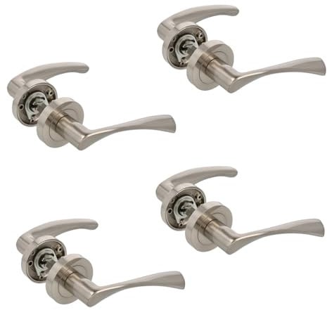 Amig - Lot de 4 poignées de porte avec rosace en Zamak Mod. ISHI RX, 52 mm, carré de 8 mm, design élégant et simple, aluminium nickel brossé