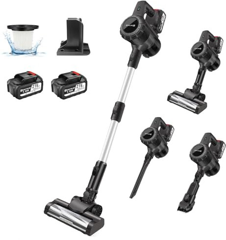 Cordless Vacuum Cleaner, 160W 15000PA Stick Vacuum with LED,2x3000mAh Battery,Self-Standing Lightweight Handheld Vacuum for Hard Floor Carpet Pet hair