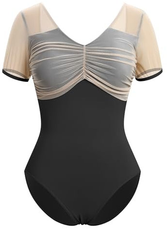 IWEMEK Ballett Trikot Damen Mesh Kurzarm Ballettanzug Gymnastik Ballettbody V-Ausschnitt Bodysuit Body Sport Gymnastik Turnanzug Top Kost�m schwarz S