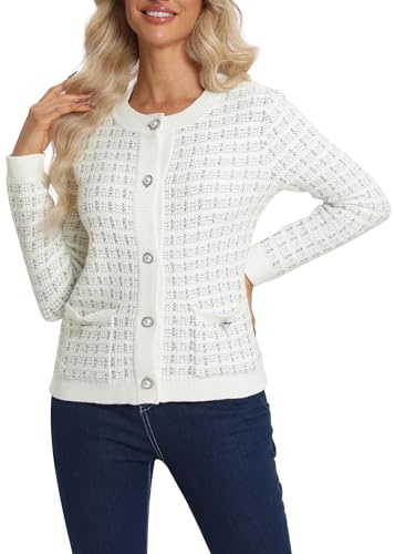 EXCHIC Donne Elegante Adatta Slim Maniche Lunghe Apri Fronte Cardigan Collo Rotondo Pulsante Giù Maglione Giacca con Tasche