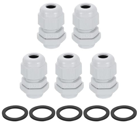 sourcing map 5Pcs PG9 Nylon Cable Glands, Waterproof Cord Grip Connector with Washer, Adjustable 4-8mm Wire Grommet Protectors with Gaskets and Locknut for Junction Box, White