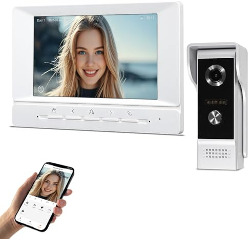 QttyElok 7 Inch TUYA WiFi Video Door Phone Intercom System 1080P HD Camera IR Night Vision, Video Doorbell with Monitor, Support 2-Way Audio, Recording, Tuya APP Remote Unlock