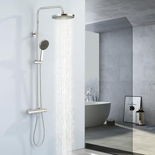 HOMELODY Duschsystem aus Edelstahl mit Thermostat Chrom - Duscharmatur Komplettset mit 3 Strahlarten Handbrause & 25 cm Kopfbrause - Regendusche mit Armatur Duschset für Modernes Badezimmer