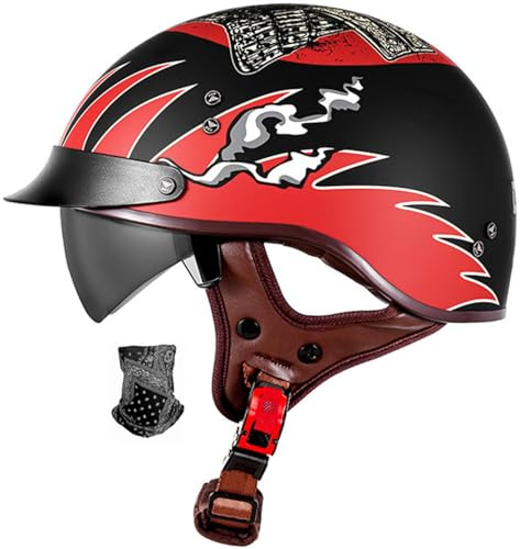Retro Oldtimer Halbschale Jet-Helm Motorrad-Helm Brain-Cap,DOT/ECE-Zulassung Halbschale Motorrad-Helm Jet-Helm Roller-Helm Scooter-Helm Retro Motorrad Half Helm Mit Built-In Visier 1,M