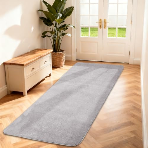 Teppich Läufer Flauschiger Kurzflor, Wohnzimmerteppich, 60X150, Hellgrau | Kleiner Matte Flur Teppiche Schlafzimmer, Einfarbiges Bettvorleger Rutschfest für Deko/Küche/Eingang/Kinderzimmer