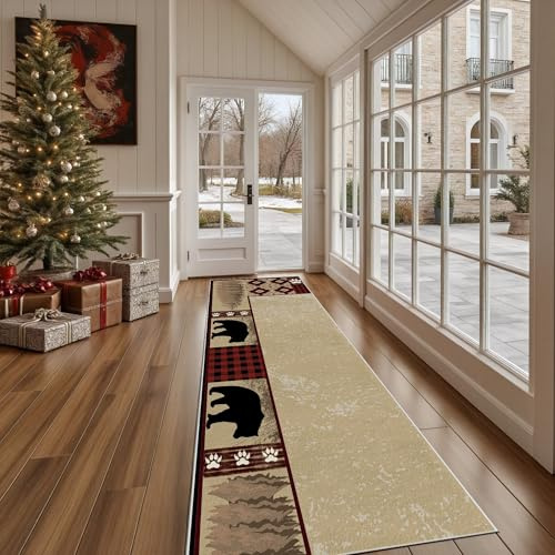 Dppyuxa Küchenteppich Lodge Bär Waschbar rutschfest, Läufer Teppich für Küche und Flur Patchwork Pfotenabdruck Langer Flurteppich Aztekenmuster Kiefer auch als Bettvorleger 60x210 cm