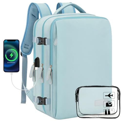 ASENTER Easyjet Kabinentasche, 45 x 36 x 20 cm, Untersitz, Reiserucksack, Handgepäck, wasserdicht, für Flugzeug, 30 l, Handgepäck-Rucksack mit Ladeloch für Damen und Herren, Blau