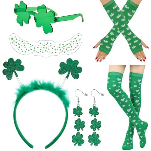 YDUNARISE 6er St. Patrick's Day Kostüm Zubehör,mit Grüne Kleeblatt Haarreif Ohrringe Kniestrümpfe Handschuhe Gesichtstattoo Sonnenbrille,Accessoires für Damen Fasching Mottoparty