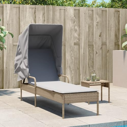 ATOMSTACK MAKER HOMELEN Sonnenliege mit Dach & Verstellbarer Rückenlehne – Beige Poly-Rattan Gartenliege (200 cm), UV-beständig, wetterfest, für Balkon, Terrasse & Garten
