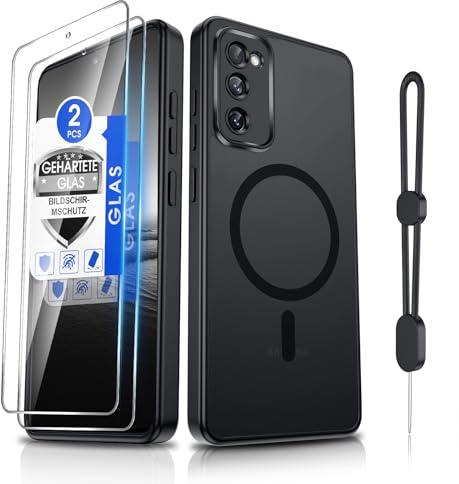 Dizn Magnetisch Hülle für Samsung Galaxy S20-FE 5G: [𝐍𝐢𝐜𝐡𝐭 𝐟ü𝐫 𝗦𝟮𝟎] für MagSafe, 2 Panzerglas Folie, Kameraschutz,Band,Matt Translucent,Militärstandard Schutz,Magnet HandyHülle S20FE,Schwarz