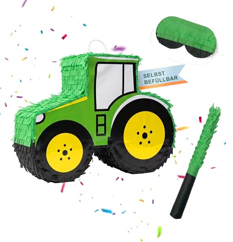 Relaxdays Pinata Set, 3tlg., Traktor zum Aufhängen, Kinder, Mädchen & Jungs, Stab & Maske, Fahrzeugpinata, grün/gelb