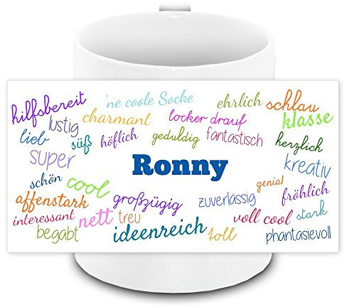 Tasse mit Namen Ronny und positiven Eigenschaften in Schreibschrift, weiss | Freundschafts-Tasse - Namens-Tasse