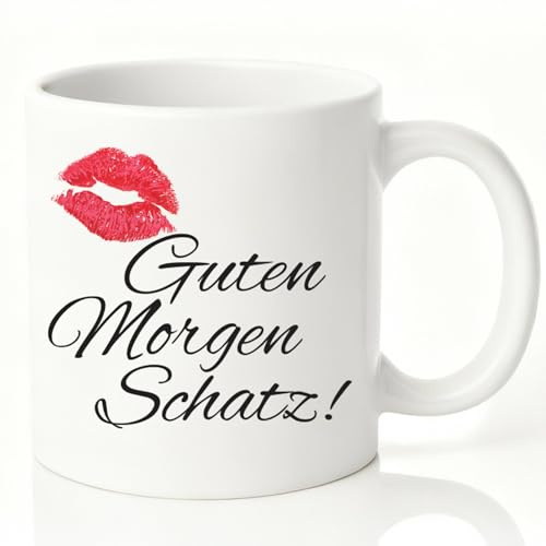 NetSpares Keramiktasse „Guten Morgen Schatz!“ | Kaffeetasse mit Kussmund | Liebevolle Geschenkidee für Partner, Freundin, Freund, Valentinstag, Geburtstag, Weihnachten, Jahrestag