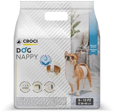 Croci Dog Nappy - Fascia Assorbente per cani maschi, taglia S - Ø 30-40 cm, Mutanda pannolino igienico pipi cane, Antiodore, Usa e getta, Chiusura adesiva regolabile, 12 pz