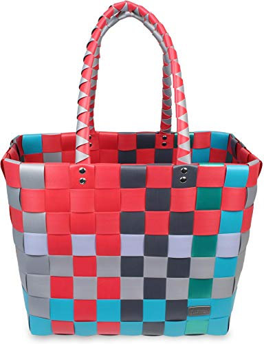 normani® Einkaufstasche Shopper geflochten aus Kunststoff - robuster Strandkorb Vintage Style 38cm x 25cm x 28cm Farbe Classic/Hot and Cold