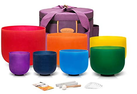TOPFUND Chakra Set of 7 Coloured Crystal Singing Bowls 6-14 inch with Heavy Duty Carrying Cases and Singing Bowl Mallet Suede Strikers