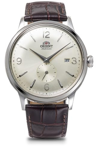 ORIENT Herren Dressuhr Bambino Automatik, Beige Zifferblatt, Silberfarbene Zeiger, Braun Lederband, 40,5 mm Edelstahlgehäuse, Wasserresistent, Japan (hergestellt in Japan)