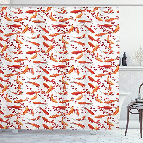 ABAKUHAUS Fisch Duschvorhang, Zierwassertiere, Stoffliches Gewebe Badezimmerdekorationsset mit Haken, 175 x 180 cm, Orange Weiss