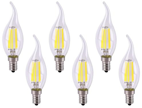 HUAMu 6x LED Kerzenbirnen E14 Filament Dimmbar 6W,kaltes Weiß 6500K,Klar Glas,Ersetzt 60 Watt Glühlampe,AC 220V-AC240V