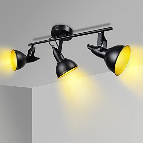 Unikcst Retro E14 Deckenstrahler 3 Flammig Vintage LED Deckenleuchte Schwenkbar Deckenlampe Schwarz Gold Wohnzimmer Küche Deckenspots 230V Ohne Leuchtmittel