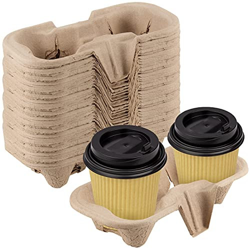 KOOMEDA 100 Pack Pulp Fiber Drink Carriers, 2 Cup Holder Tray, Compostable Molded Fiber Coffee Tray for Hot or Cold Drinks