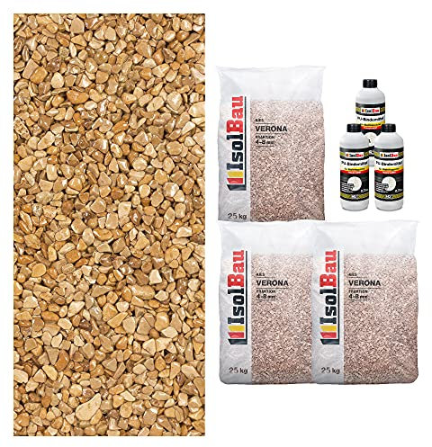 Isolbau Steinteppich Aussen Komplettset Marmorkies 75kg + Bindemittel bis 7,5m² Verona 4/8mm Epoxidharz, Terassenboden, Natursteinboden Marmorkies Bodenbelag, Steinboden, Marmorstein, Innen Außen