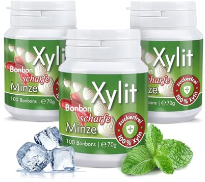 Xylit Anti-Karies Bonbon Frische Minze | 300 Stk | reduziert Plaque & Säure | unterstützt Erhaltung Zahnschmelz | zuckerfrei, vegan, ohne Aspartam | 3 Dosen