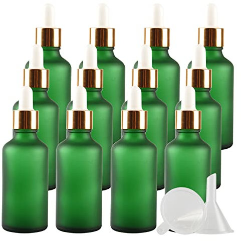 ZEOABSY 24 Pièces 50ml Flacon Compte-goutte en Verre Vert Dépoli, Bouteille d'huile Essentielle avec Pipette en Or Vides pour Cosmétiques Aromathérapie, Bouteille de Voyage