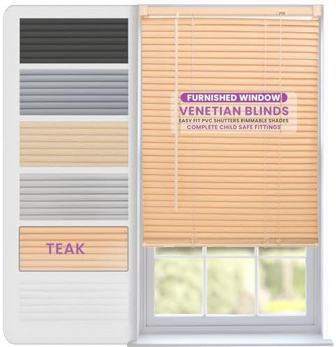 FURNISHED Venetian Blinds Window Venetian Blind Easy Fit PVC Shutters Trimmable Shades for Home Kitchen Windows Treatment Shutters 25mm Slats Complete Child Safe Fittings - Teak 170W x 210L cm