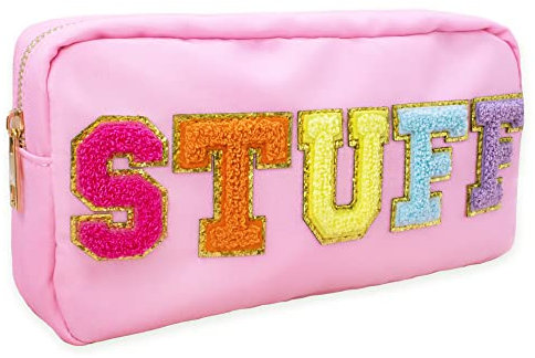 Fablinks Make-up-Tasche, Preppy mit Chenille-Buchstaben, Nylon mit Reißverschluss, für Hautpflege, Reise, Kosmetik, Geschenk, Organizer, Kosmetiktasche für Damen, Pink, 9.0