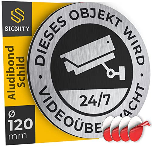 SIGNITY Alu Schild Videoüberwachung (fi 120mm klein) - Warnschild Kamera Überwachung - ideal zur Kamera Attrappe - Aluminium Schild - Achtung Videoüberwachung für Privatgrundstück