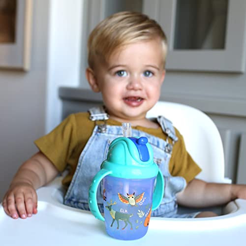 Nuby Vaso con 2 asas antiderrames con pajita impresa – 8 onzas/240 ml, más de 12 meses, 1 paquete de impresiones pueden variar