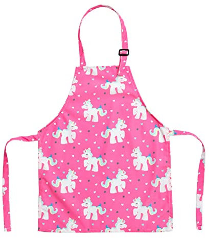 TOPWAYS Cartoon-Leinen-Schürzen, verstellbarer Hals, Kinderschürze zum Kochen, Backen, Malen (rosa Einhorn-Schürze)