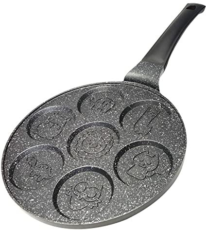 4BIG.fun Poêle à Crêpes - Diamètre 26 cm - Revêtement en Forme d'Yeux et à Induction - 7 Trous - Motif Animaux - Oladji - En Fonte d'Aluminium - Mini Crêpes et Œufs