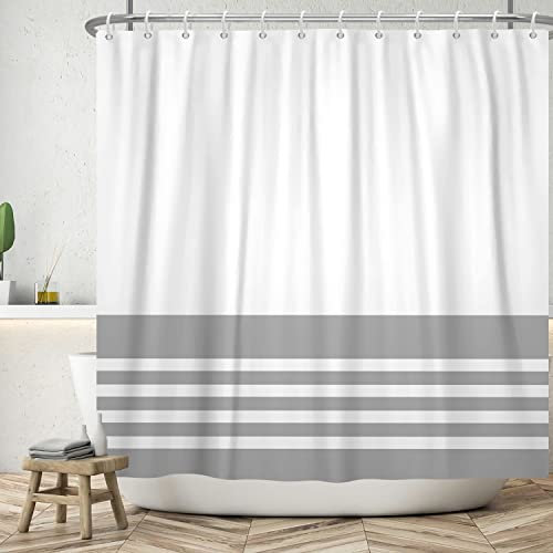ASDCXZ Duschvorhang Grau 180x200 cm, Modern Grau Weiß Streifen Motiv Wasserdicht Textil Bad Duschvorhänge Waschbar Polyester Stoff Duschvorhang für Badewanne mit 12 Duschvorhang Hake